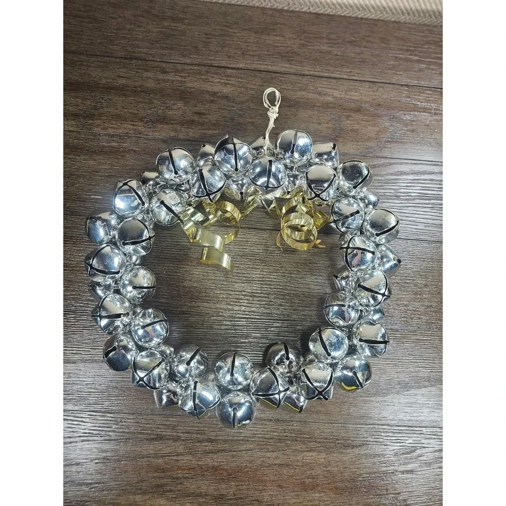 Vintage Silver Jingle Bell Wreath Gold Bow Christmas Door Decor